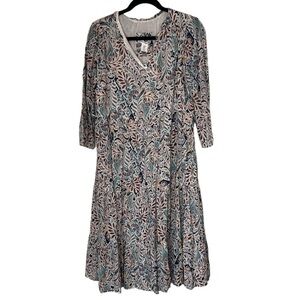 Lucky Brand Women's 3/4 Sleeve Blue Floral Paisley Print Midi Dress
